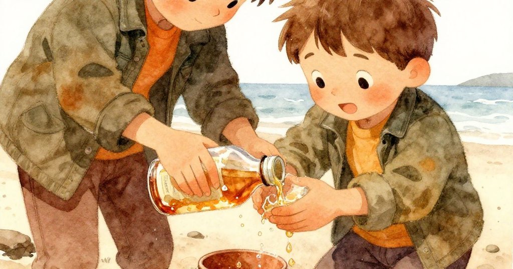 Ben的手正小心拿起圓瓶，露出裡面捲起的訊息，細膩光影顯示出海邊濕潤與期待的情感。