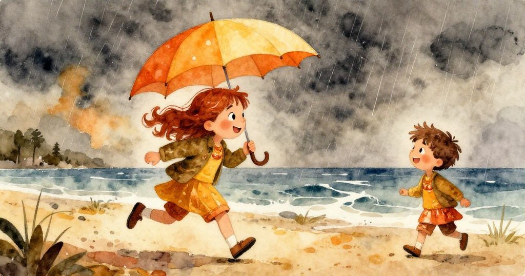 Lily撐著亮色雨傘急奔向Ben，神情愉悅，在暴風雨前夕展現出希望與活力的美好一刻。