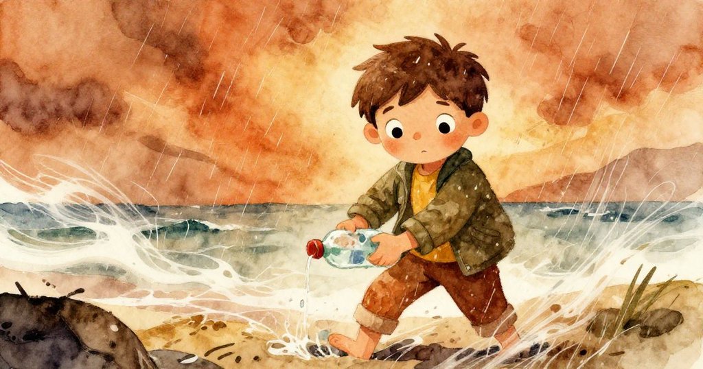 Ben在猛烈風雨中緊握瓶子，神情堅定面對挑戰，暴風雨襲來仍顯露出無懼與奮鬥的精神。