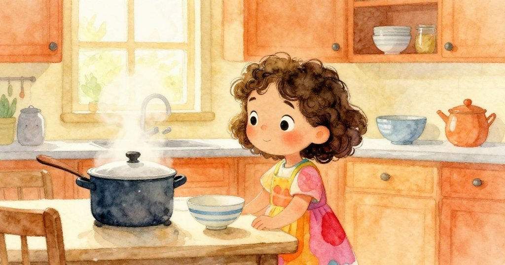 伊娃站在溫馨廚房中準備開始,她注視著排列整齊的碗與小鍋冒出細緻蒸氣,神情充滿期待與溫暖安靜。