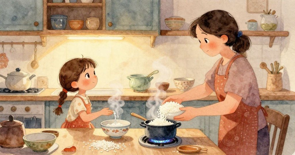 伊娃專注的小手輕輕注入清水於冒煙鍋中,水珠與蒸氣交織,展現溫柔細膩的烹飪瞬間。