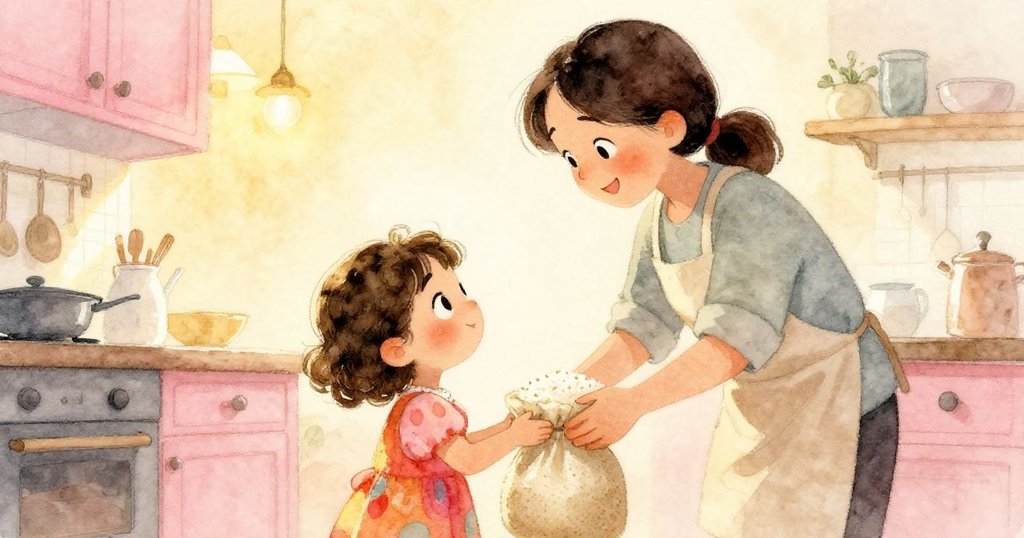 從低角度看,母親溫柔地將米袋擺放在伊娃旁邊,臉上流露堅定與關愛,背景呈現柔和溫暖廚房氛圍。