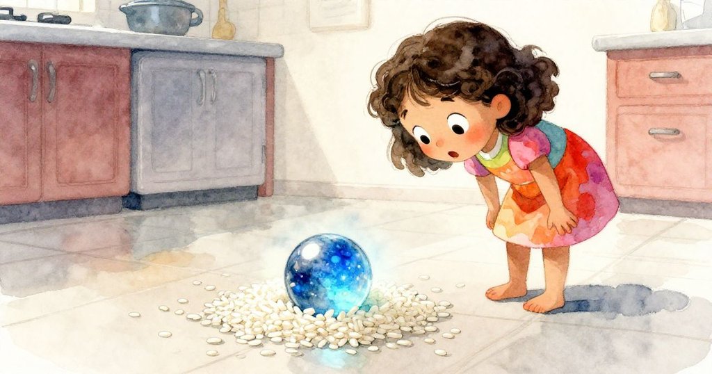 米粒意外灑滿廚房地板,藍色彈珠在白米中閃閃發光,伊娃俯身仔細尋找隱藏驚喜,表情驚奇又充滿好奇。