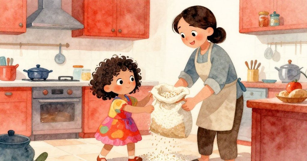 母親迅速扶起倒下的米袋,伊娃活力四射地掃起散落米粒,動態廚房展現合作與急切卻溫馨的家庭氛圍。