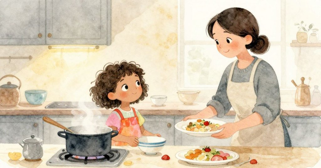 米鍋輕輕冒泡,伊娃細心擺放碗盤,母親溫柔奉上餐點,廚房回復寧靜氛圍中蘊含著家庭的愛與溫暖。