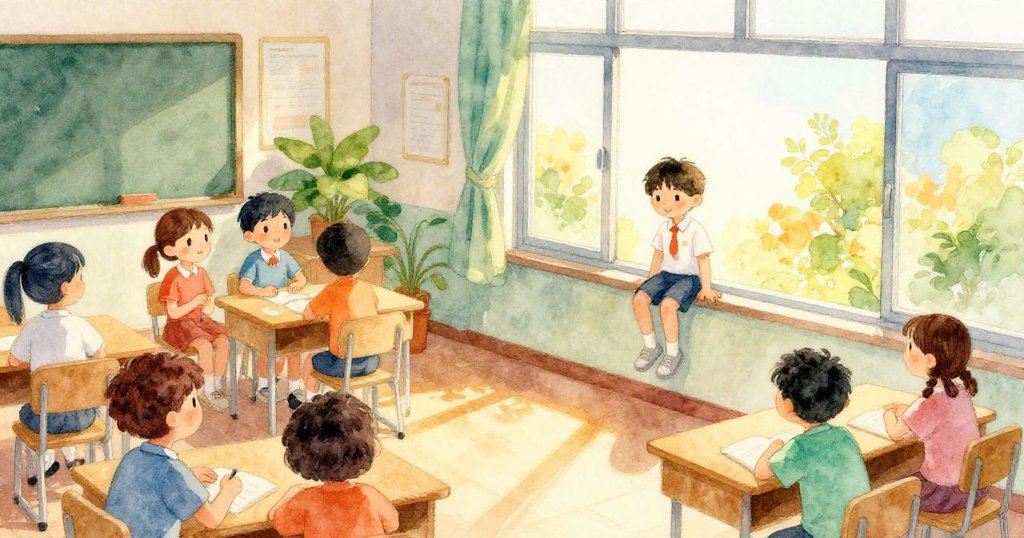 Ben站在熱鬧的課室窗邊，眾同學熱情交談，室內散發晨光溫暖氛圍，充滿活力與期待。