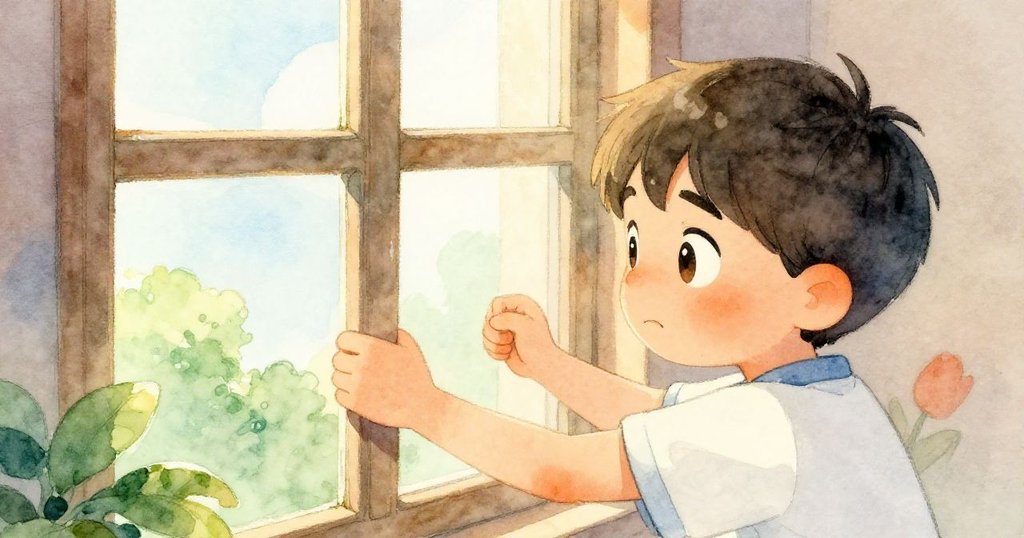 Ben專注拉窗，神情堅定且疑惑，眼神中流露著挑戰困難的勇氣，背景隱約可見課室輪廓。