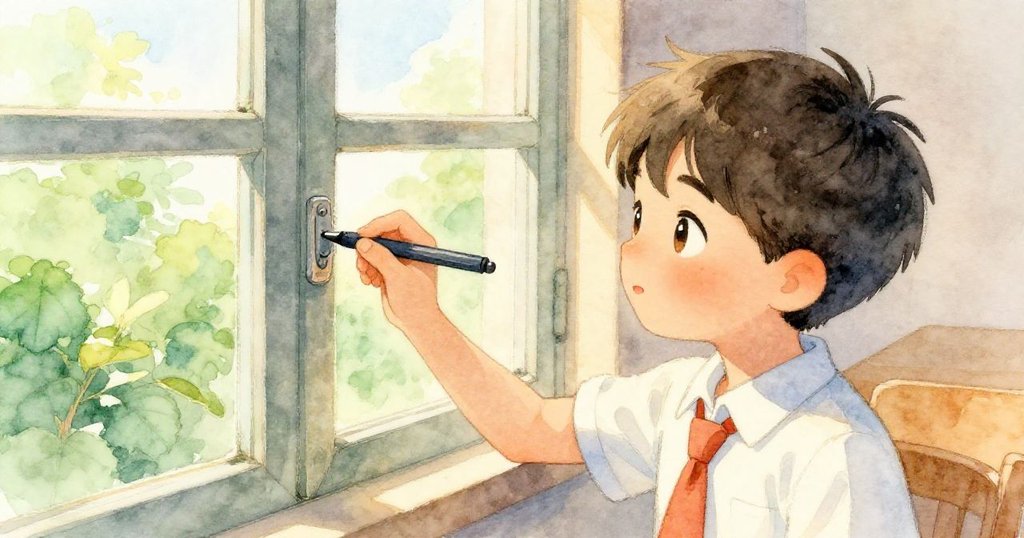 Ben小心用筆滑入窗框下，鎖面反射出柔光，他展現出機智與專注，桌邊環境清晰可辨。