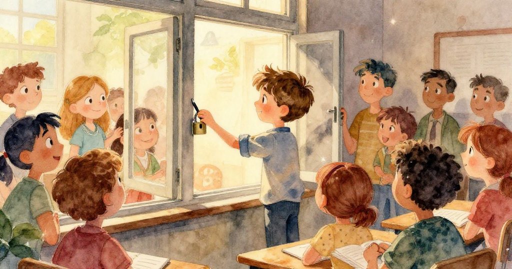 窗戶突然敞開，紙飛機迎著晨光飛入室內，金色和橙色光影交織，營造出驚喜而魔幻的場景。