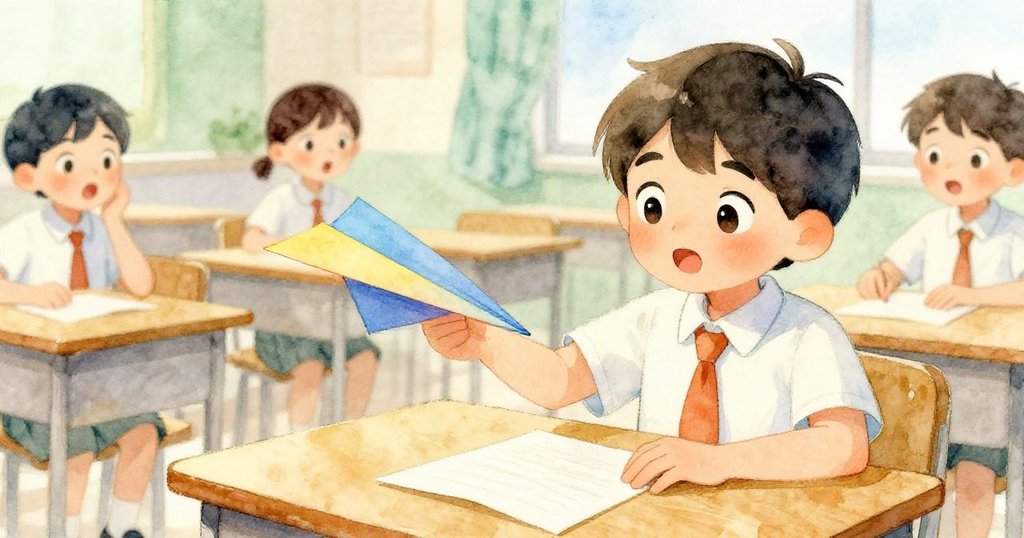 課桌上紙飛機輕輕降落，小紙條旁展現神秘訊息，同學們驚奇圍觀，Ben目光堅定關注著。