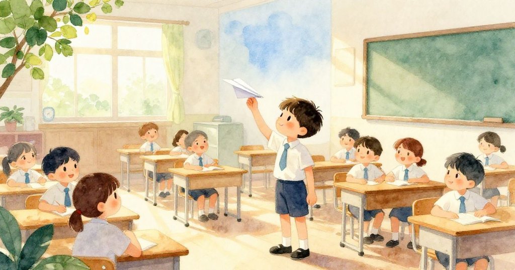 課室恢復寧靜，Ben輕柔拾起紙飛機，柔和晨光照耀下同學安靜歇息，呈現溫馨平和的結局。