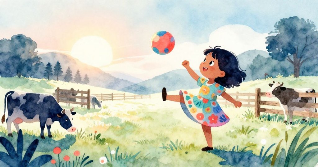 瑪雅在明亮農場踢球，牛群悠閒吃草，背景呈現溫暖日出，瑪雅充滿活力與期待的情緒。