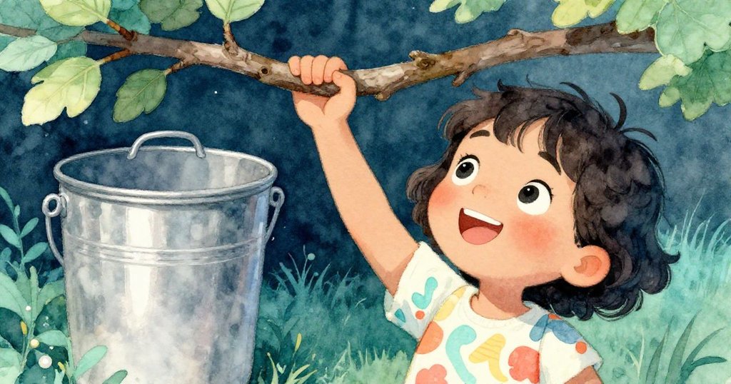 瑪雅專注地握著長木棍，準備撈取滑向垃圾桶的球，背景呈現光亮金屬質感和細膩農場情景，表情堅定。