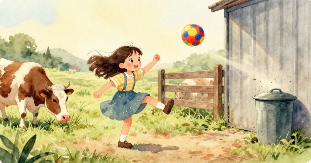 瑪雅輕觸木棍推動球體，球在閃亮垃圾桶上映出微妙光影，反映出農場中神奇回聲，充滿期待與驚奇。