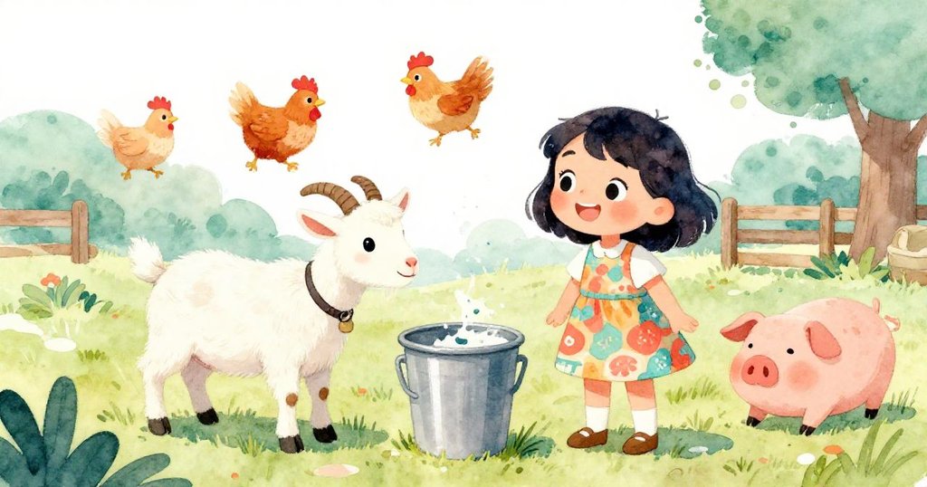 瑪雅與好奇山羊、飛舞小雞及微醒小豬互動，在農場灰塵桶旁，展現溫馨場景與歡樂表情。