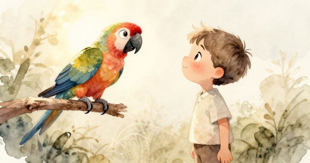 山姆仰望樹枝上好奇的鸚鵡，眼中滿是驚奇與讚嘆，明亮羽毛在陽光中閃耀。