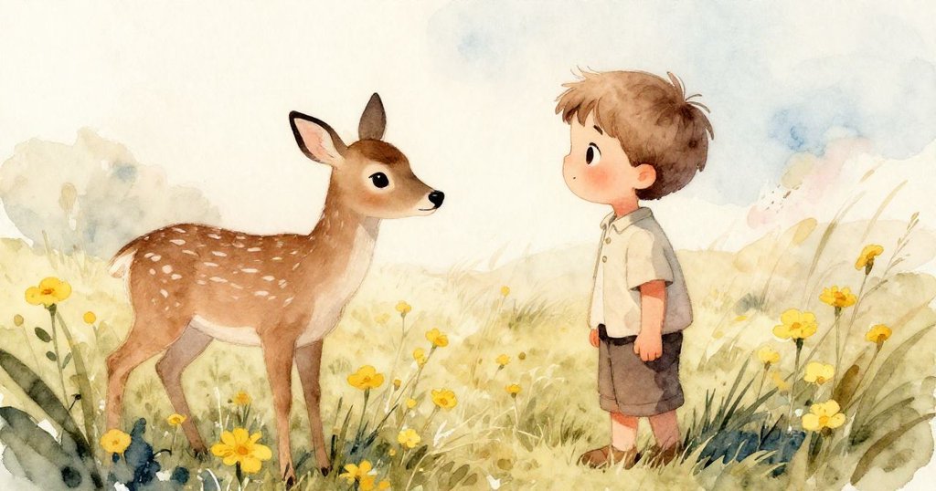 山姆在陽光草原靜觀鹿群與黃色花朵，微風吹過草地，溫暖寧靜的氛圍中充滿自然美感。