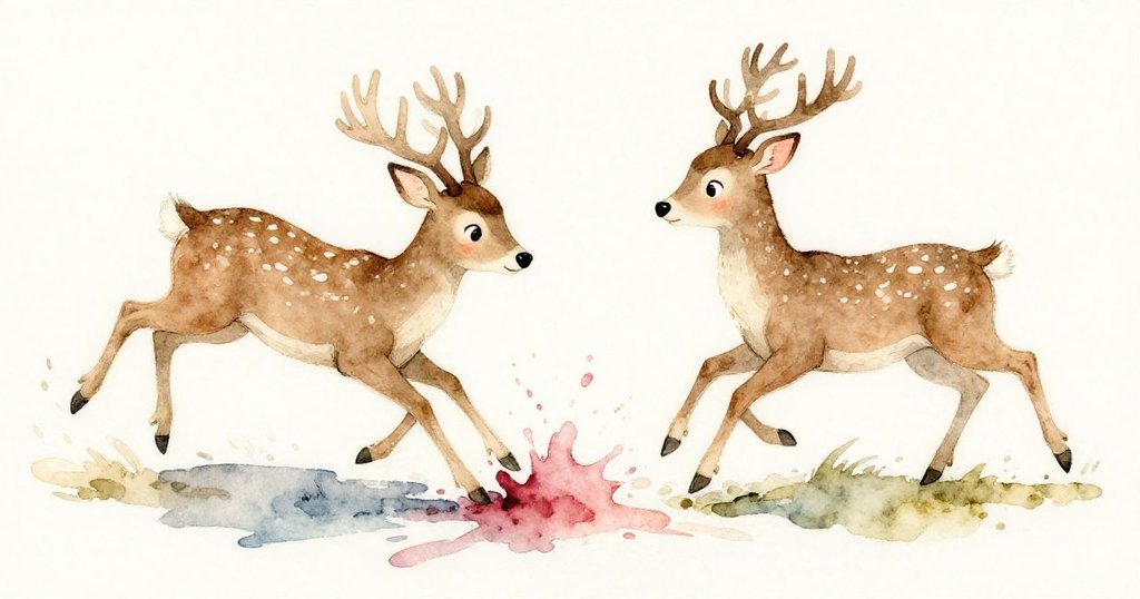 鹿輕躍碰倒顏料杯，山姆面露驚訝與從容，水流在紙上形成意外漩渦，充滿動態氛圍。