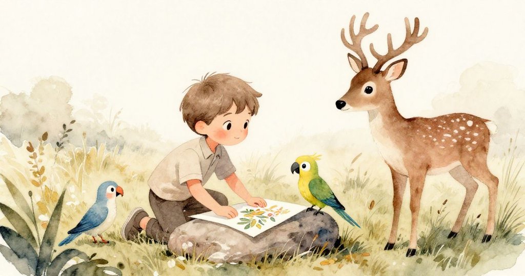 山姆將完成的畫作放在石上，鹿與鸚鵡靜靜相伴，共享創作成果，充滿溫暖和心意交流。