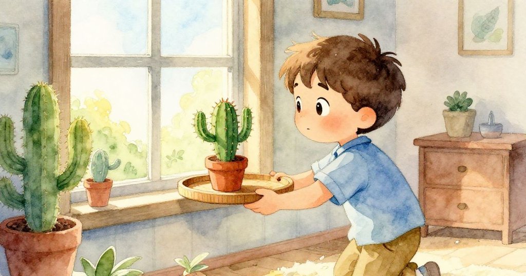 Milo在窗邊平衡著小仙人掌托盤,背景明亮溫暖,他神情專注迎接新一天的創作。