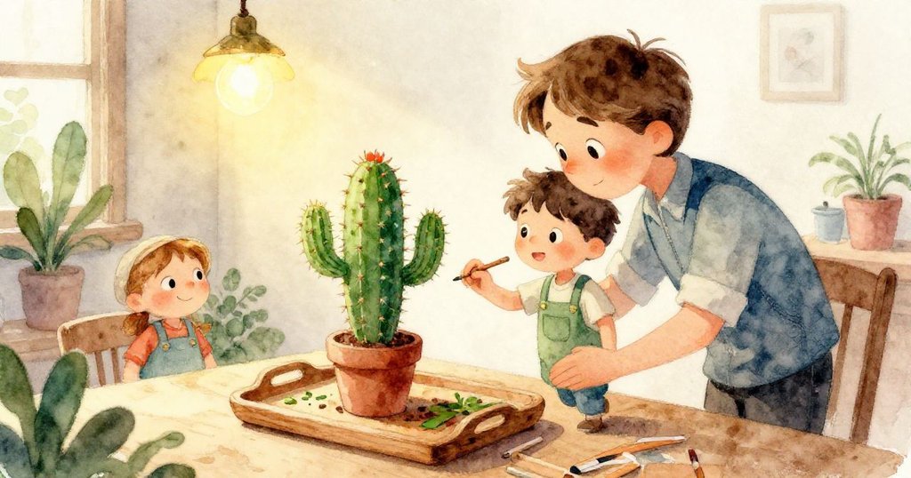 Milo的手輕觸著木托盤與仙人掌,細部清晰展現材質與植物生動細節,營造精緻創作氛圍。