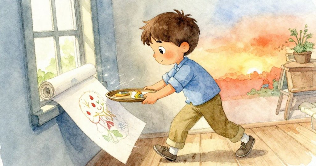 Milo抬著托盤意外碰到海報,托盤傾斜動作明顯,他臉上流露出驚訝與緊張,室內光線明亮。