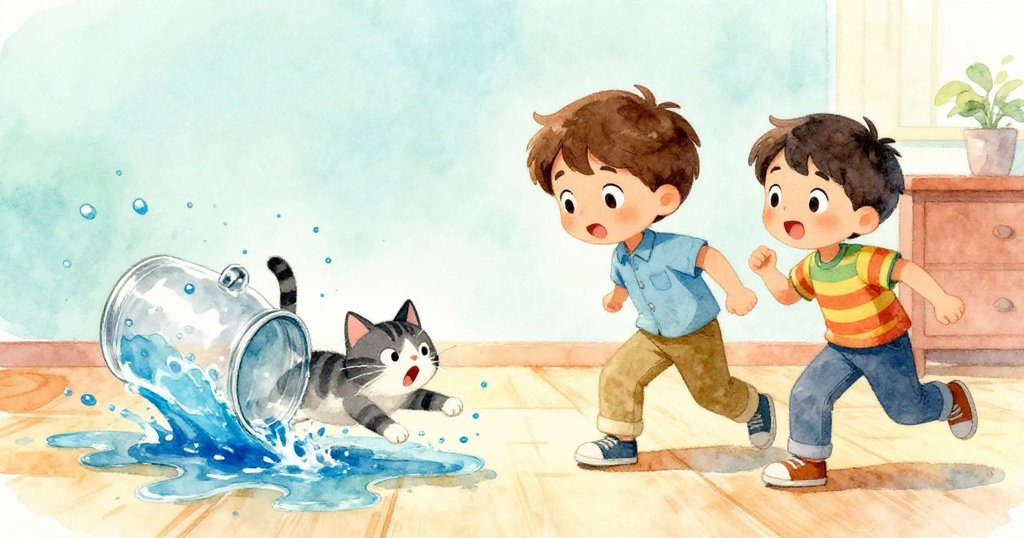 水罐傾倒藍水濺出,家貓驚慌奔逃,Milo與Leo相顧急忙處理,整體場景呈現緊急混亂氣氛。