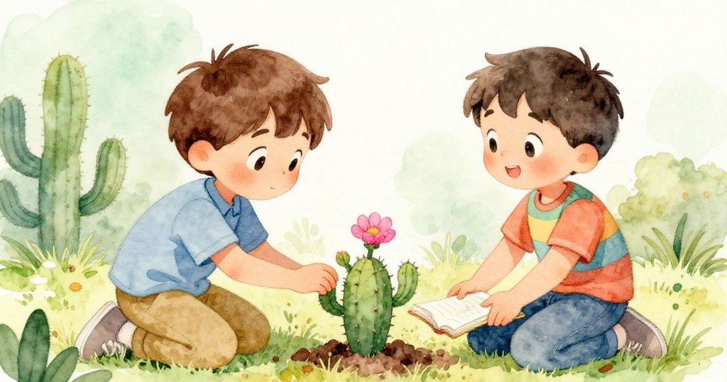 Milo與Leo忙碌清理後發現仙人掌頂開粉花,兩人滿面驚喜,溫暖光線映照場景,氣氛由混亂轉為和平。