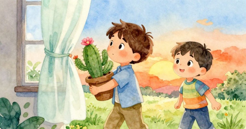 Milo舉著開花仙人掌走向窗邊拉簾,Leo在旁協助,家中溫暖光線中呈現出和諧平靜的結尾。