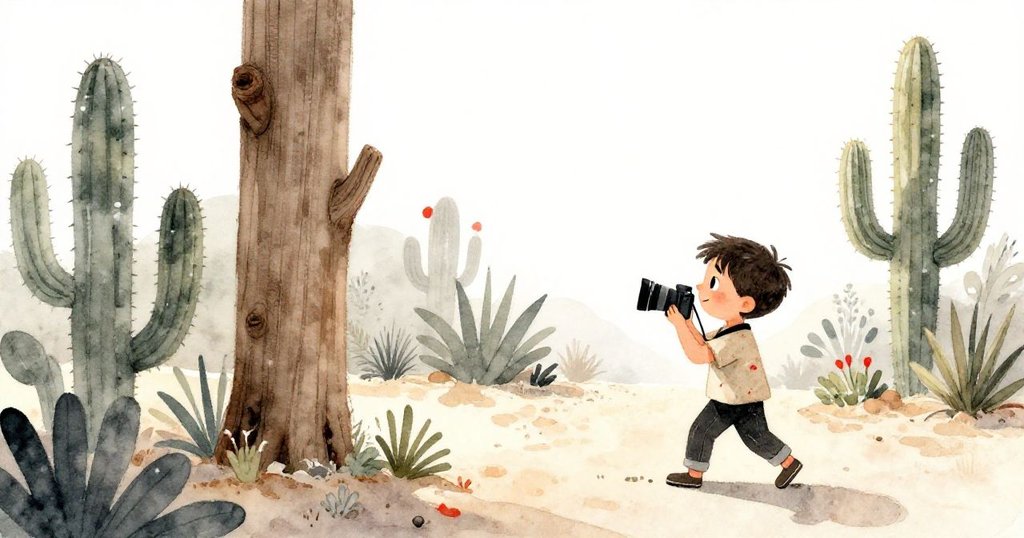 Luca走入寧靜沙漠花園，迎接晨曦微光，背景有風化木柱與高仙人掌，充滿期待和希望。