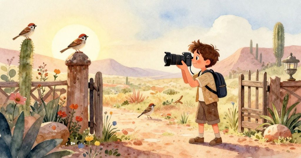 Luca面部特寫，眼神充滿期待又略顯失落，調整相機準備捕捉剛剛錯過的麻雀，情感豐富。