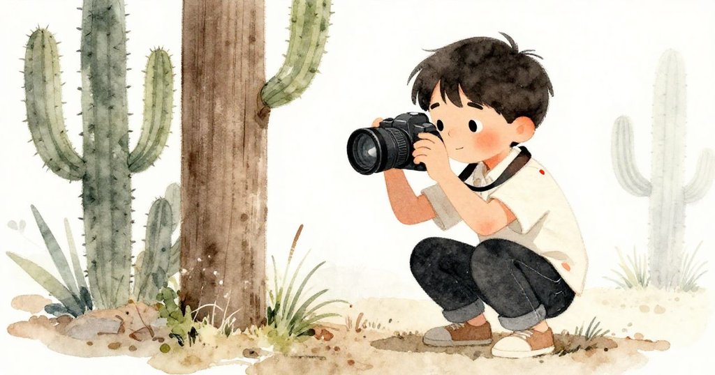 低角度仰拍Luca俯身於風化木柱旁與高仙人掌間，專注檢視相機，展現堅定與細膩情感。