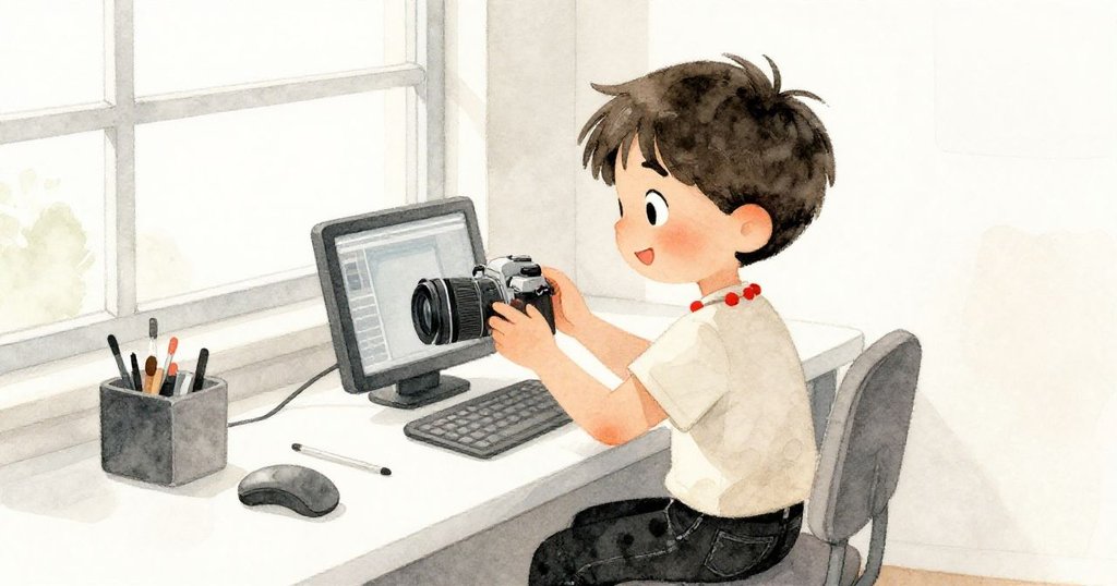 Luca坐在室內簡易工作站前，聚焦檢查相機屏幕上的影像，溫暖光線灑落，展現收獲喜悅情緒。