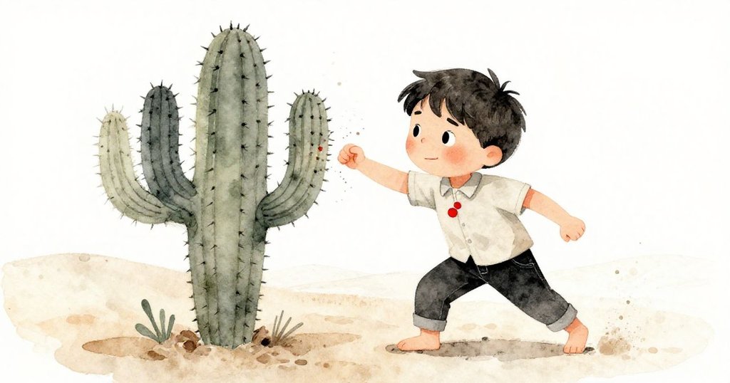 Luca在沙漠中後退時撞上仙人掌刺入衣袖，飛揚塵土襯托瞬間痛楚與堅定決心，情感真實而動人。