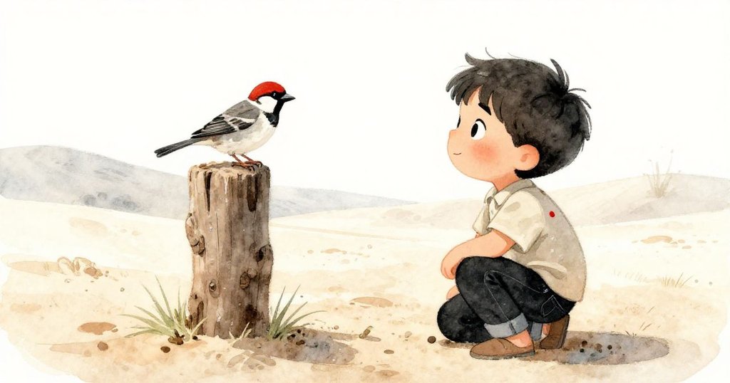 Luca蹲在風化木柱旁捕捉麻雀落入露水刻痕瞬間，廣闊沙漠中晨光照耀，成功喜悅與新希望展現。