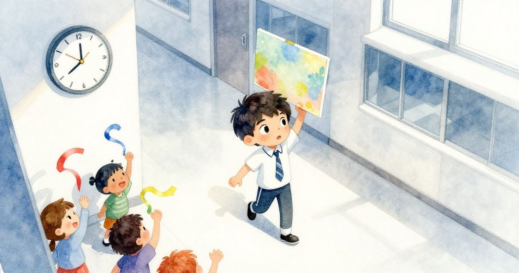 凱在走道揹著畫布前行，從上方看見學生揮舞彩帶和牆鐘指引時間，展現出忙碌期待的情緒。