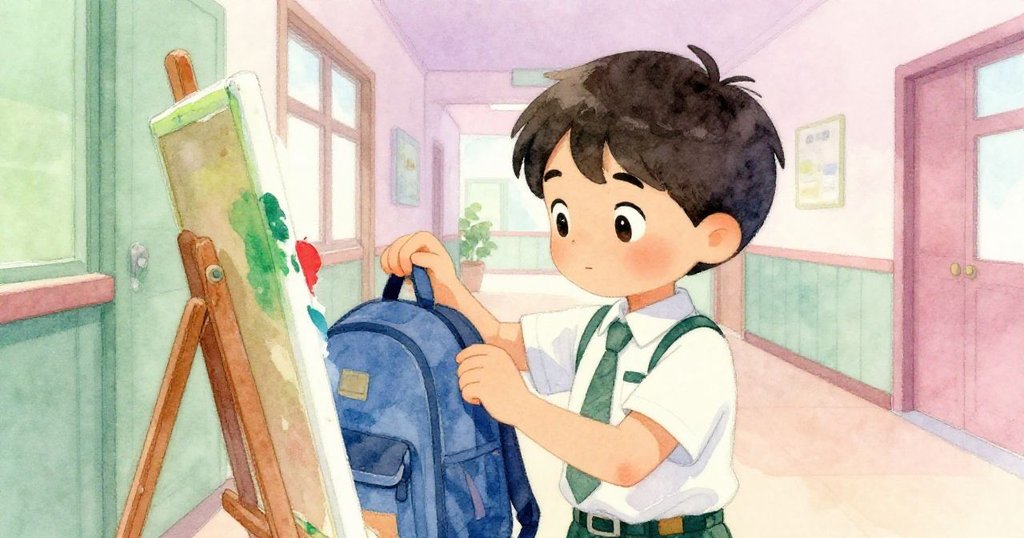 凱仔細檢查背包夾上新漆痕跡，臉上流露出驚慌與好奇，細節生動呈現學校走廊情境。