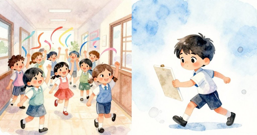 凱側行前進，臉上展現專注與小憂，旁邊學生歡笑揮舞彩帶，分割場景呈現截然不同情境。