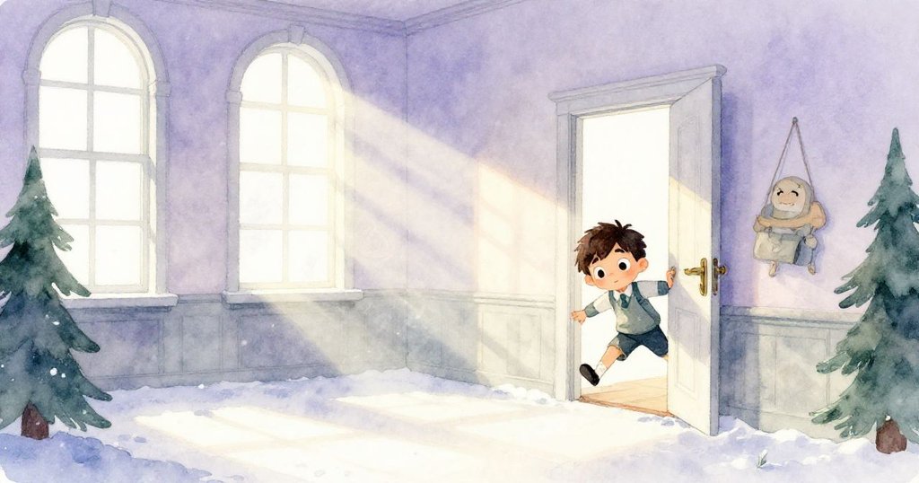 凱穿過吱吱作響之門進入舊音樂室，光線透過窗戶灑落塵埃，環境寧靜中帶有神秘氣息。