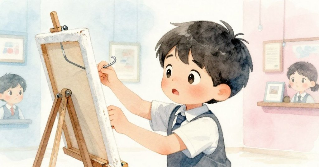 凱在畫廊內面對難題，手中畫布掛鈎與缺失支架產生衝突，表情焦慮且堅定，刻畫出現場緊張氛圍。