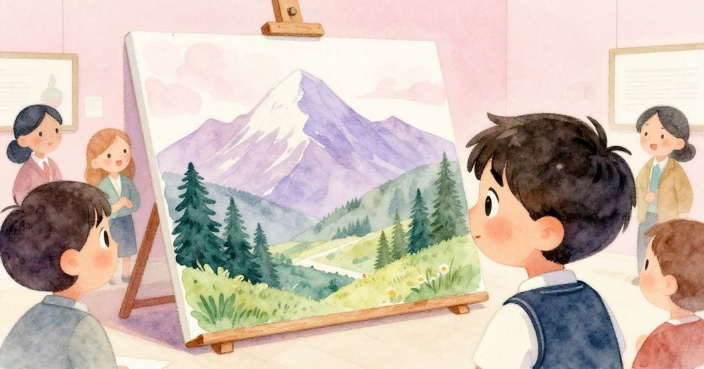 凱驚喜地後退觀看翻轉後呈現山景畫布，師生與評審讚賞連連，象徵意外中綻放創意與美麗。