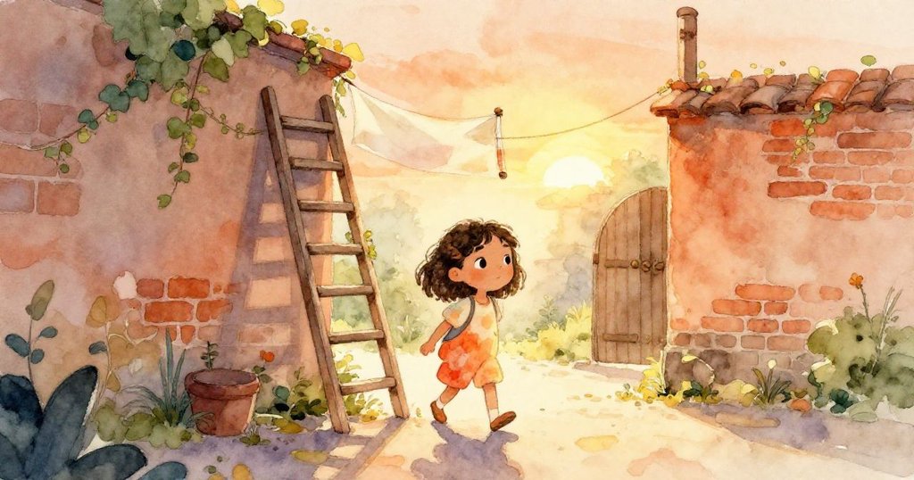 Leah 提著捲起紙橫幅走向庭院中搖晃梯子，晨曦中展現堅定神情，庭院石板和爬藤散發溫暖光芒。