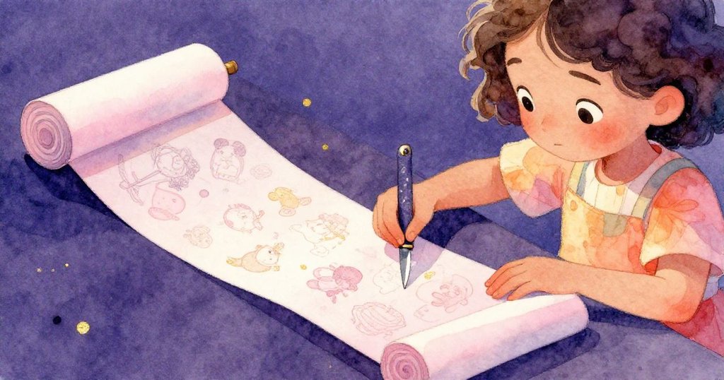 Leah 正用小刀輕巧展開充滿細膩記憶的紙橫幅，手部動作精緻，金色光芒照亮每一筆刻畫，透露專注與溫柔。