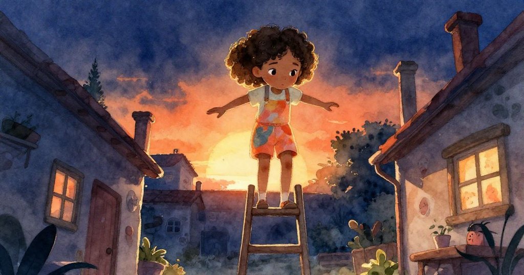 低角度視角中，Leah 平衡在狹窄梯子上，專注面容映襯蔚藍天空，展現挑戰與決心，庭院細節栩栩如生。