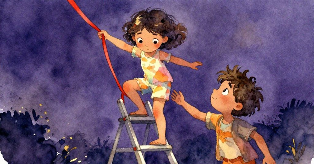 在搖晃的梯子上，Leah 面對紅絲帶卡住顯露緊張表情，堂兄 Milo 握住扶手協助，兩人齊心解困，情感交織。