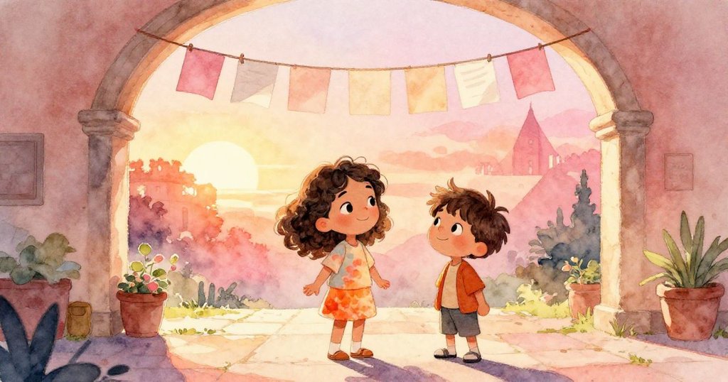 庭院拱門上懸掛紙橫幅，Leah 與堂兄 Milo 互換滿意微笑，陽光灑下溫暖光芒，展現家庭團聚與成功喜悅。