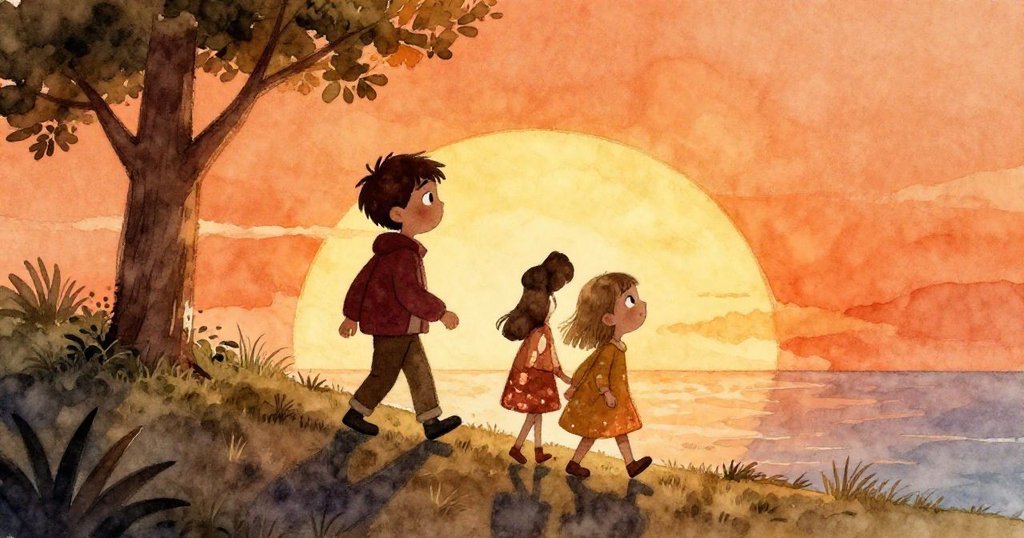 Leo和Mia在山坡上行走，輪廓映襯明亮晨曦，呈現興奮與期待，展開冒險旅程的開端。