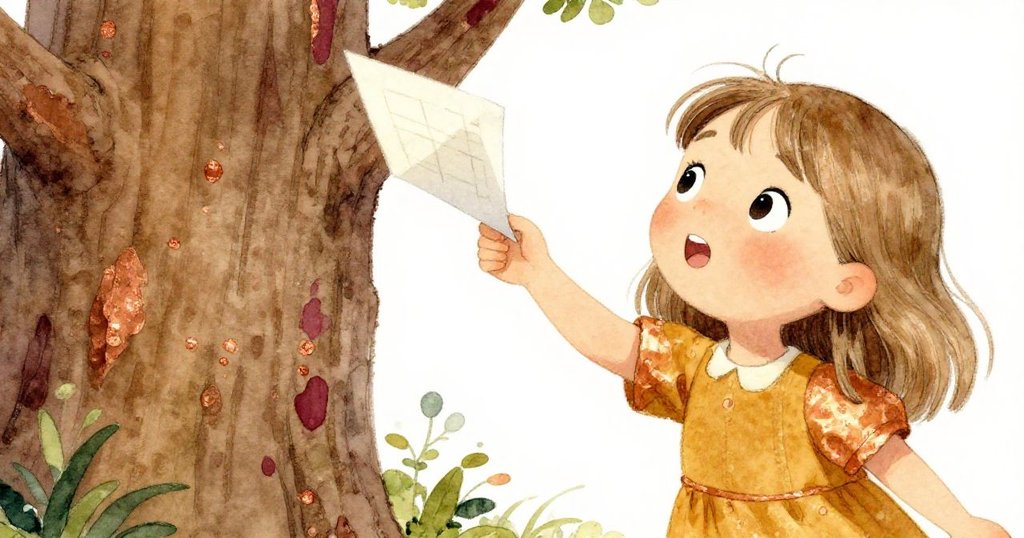 Mia在樹旁仔細撿起飄動的紙計劃，手觸紙面細膩質感，眼神充滿好奇，進入故事發展的細節探索。