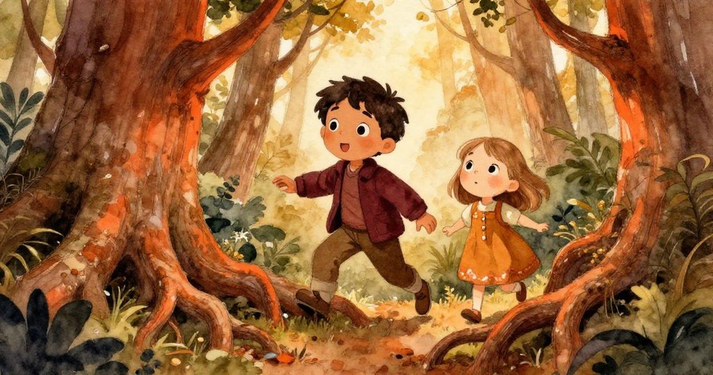 Leo與Mia在低角度視角中踏過粗大樹根，陽光透過樹冠灑下暖光，展現他們合作鬥志與冒險進行中的細節。