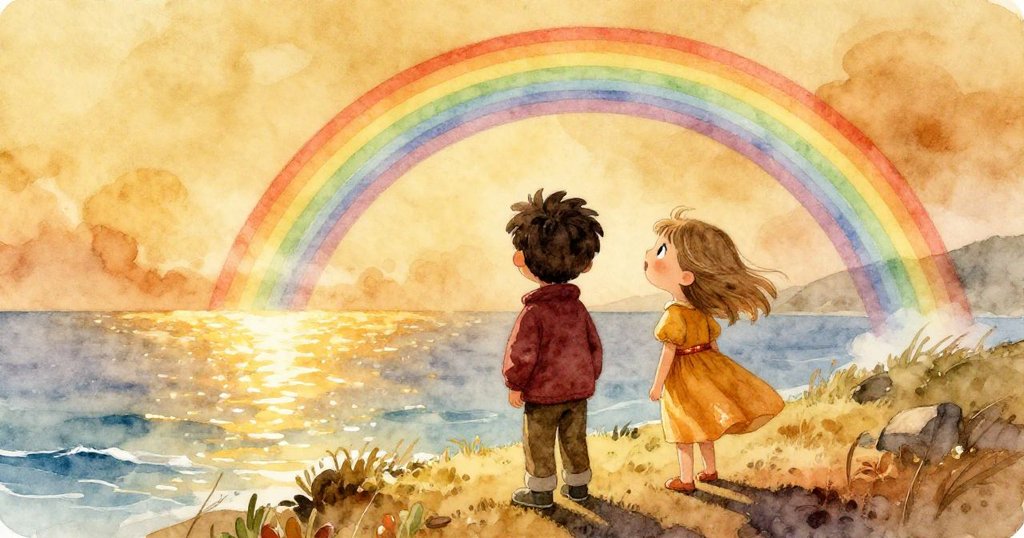 Leo和Mia登上山頂眺望閃亮海洋，陽光穿透樹枝形成光窗，彩虹出現引發驚奇，呈現故事高潮的奇幻美景。